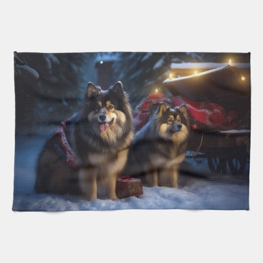Finnisches Lapphund Snowy Sleigh Weihnachtsdekor Geschirrtuch (Horizontal)