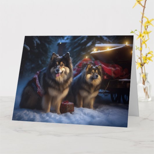 Finnisches Lapphund Snowy Sleigh Weihnachtsdekor Karte (Gelbe Blume)