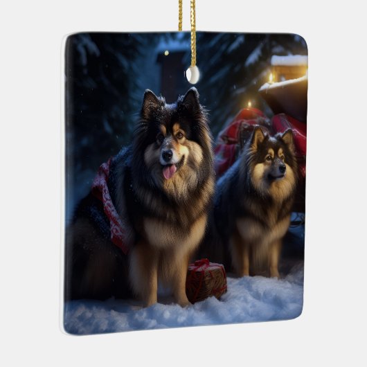 Finnisches Lapphund Snowy Sleigh Weihnachtsdekor Keramikornament (Rechts)