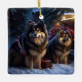 Finnisches Lapphund Snowy Sleigh Weihnachtsdekor Keramikornament (Vorderseite)