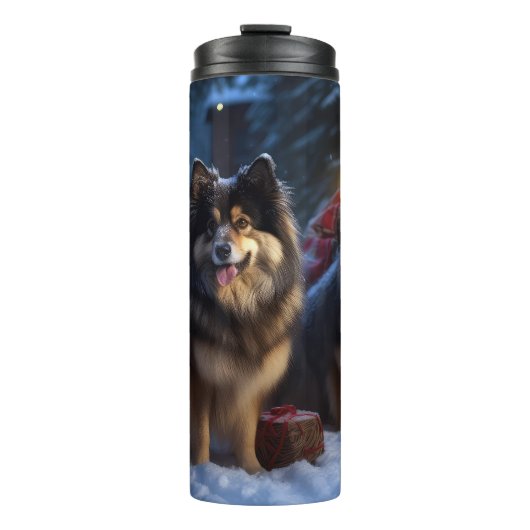 Finnisches Lapphund Snowy Sleigh Weihnachtsdekor Thermosbecher (Vorderseite)