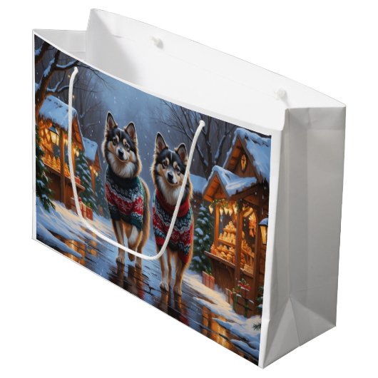 Finnish Lapphund Dogs Christmas Snow Holiday Große Geschenktüte (Vorderseite Schrägansicht)