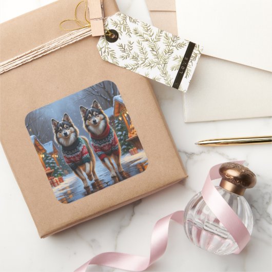 Finnish Lapphund Dogs Christmas Snow Holiday Quadratischer Aufkleber (Schenken)