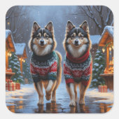 Finnish Lapphund Dogs Christmas Snow Holiday Quadratischer Aufkleber (Vorderseite)