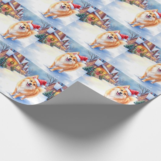 Finnish Lapphund Snowy Village Santa Hat Christmas Geschenkpapier (Ecke)
