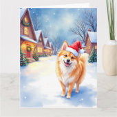 Finnish Lapphund Snowy Village Santa Hat Christmas Karte (Vorderseite)