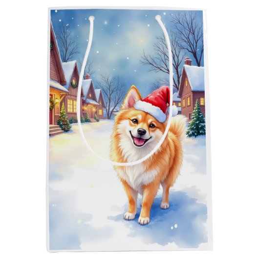 Finnish Lapphund Snowy Village Santa Hat Christmas Mittlere Geschenktüte (Vorderseite)