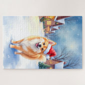 Finnish Lapphund Snowy Village Santa Hat Christmas Puzzle (Horizontal)