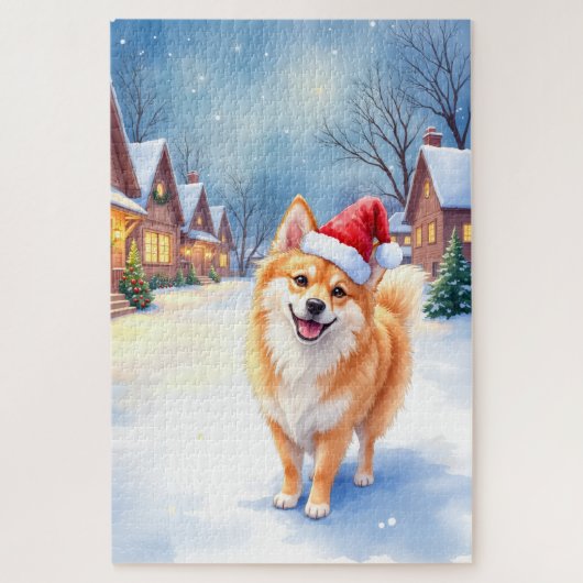 Finnish Lapphund Snowy Village Santa Hat Christmas Puzzle (Vertikal)