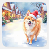 Finnish Lapphund Snowy Village Santa Hat Christmas Quadratischer Aufkleber (Vorderseite)