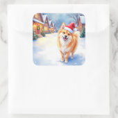 Finnish Lapphund Snowy Village Santa Hat Christmas Quadratischer Aufkleber (Tasche)