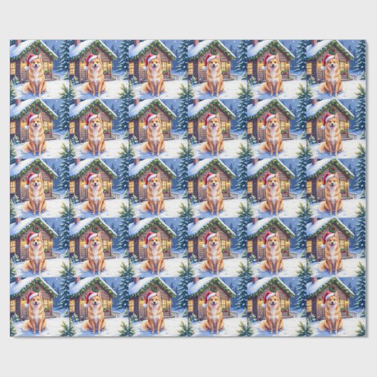 Finnish Spitz Snowy Cabin Santa Hat Christmas Art Geschenkpapier (Flach)