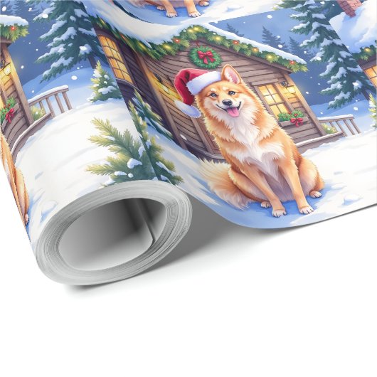 Finnish Spitz Snowy Cabin Santa Hat Christmas Art Geschenkpapier (Rolleneckpunkt)