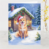 Finnish Spitz Snowy Cabin Santa Hat Christmas Art Karte (Gelbe Blume)