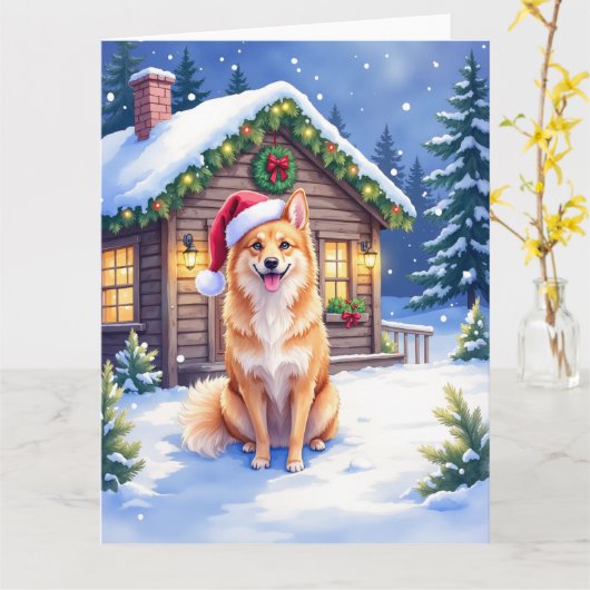 Finnish Spitz Snowy Cabin Santa Hat Christmas Art Karte (Gelbe Blume)