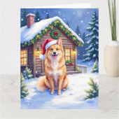 Finnish Spitz Snowy Cabin Santa Hat Christmas Art Karte (Vorderseite)