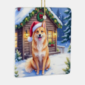 Finnish Spitz Snowy Cabin Santa Hat Christmas Art Keramikornament (Rechts)