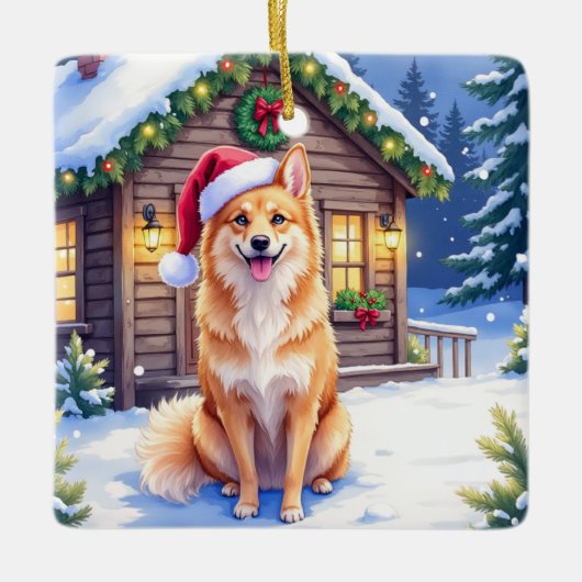 Finnish Spitz Snowy Cabin Santa Hat Christmas Art Keramikornament (Vorderseite)