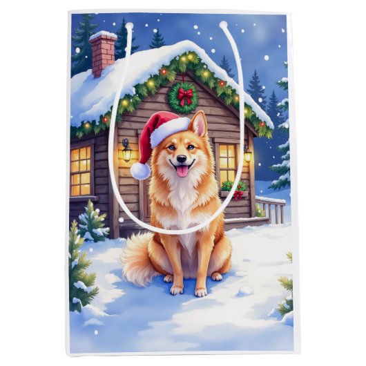 Finnish Spitz Snowy Cabin Santa Hat Christmas Art Mittlere Geschenktüte (Vorderseite)