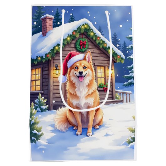 Finnish Spitz Snowy Cabin Santa Hat Christmas Art Mittlere Geschenktüte (Rückseite)