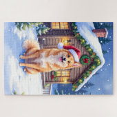 Finnish Spitz Snowy Cabin Santa Hat Christmas Art Puzzle (Horizontal)