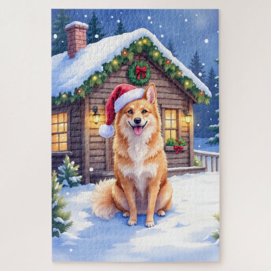 Finnish Spitz Snowy Cabin Santa Hat Christmas Art Puzzle (Vertikal)