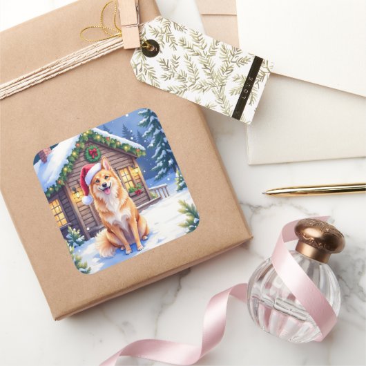 Finnish Spitz Snowy Cabin Santa Hat Christmas Art Quadratischer Aufkleber (Schenken)