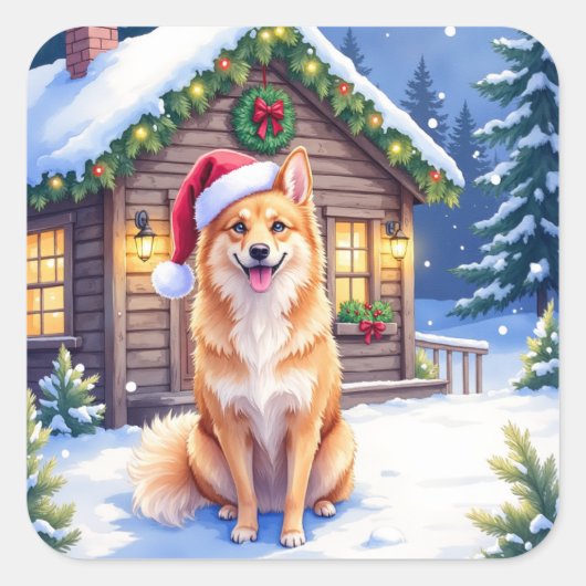 Finnish Spitz Snowy Cabin Santa Hat Christmas Art Quadratischer Aufkleber (Vorderseite)