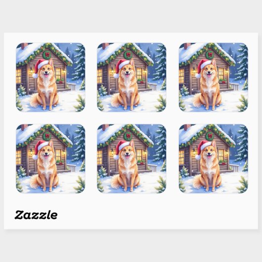 Finnish Spitz Snowy Cabin Santa Hat Christmas Art Quadratischer Aufkleber (Blatt)