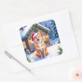 Finnish Spitz Snowy Cabin Santa Hat Christmas Art Quadratischer Aufkleber (Umschlag)