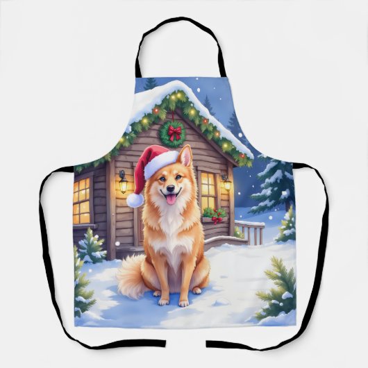 Finnish Spitz Snowy Cabin Santa Hat Christmas Art Schürze (Vorderseite)