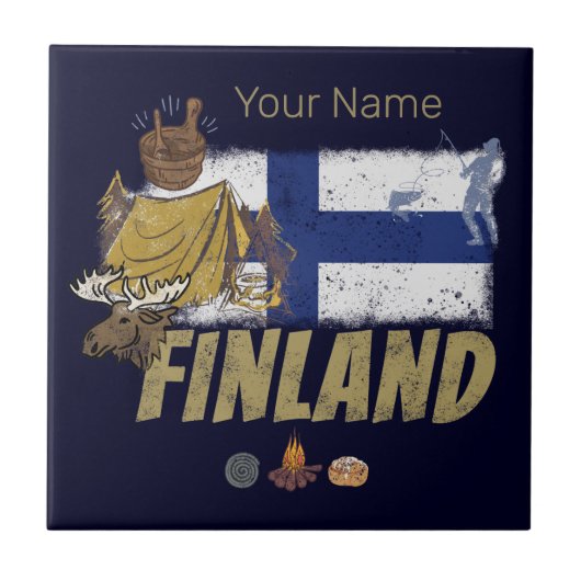 Finnland Moose Vintag Flag Tent Retro Souvenir Fliese (Vorderseite)