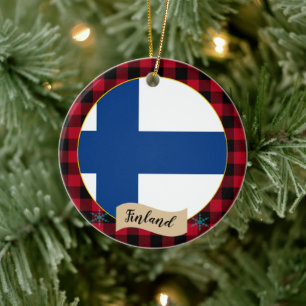 Finnland, Roter Büffel, karierte und finnische Fla Keramik Ornament