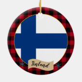 Finnland, Roter Büffel, karierte und finnische Fla Keramik Ornament (Hinten)