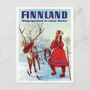 Finnland Schnee, Frau auf Skiern mit Rentier, Vint Postkarte