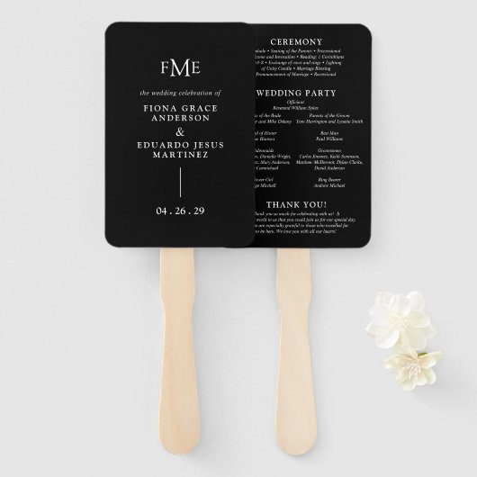 Fiona Black Bold Monogram Modern Wedding Fächer (Vorne und Hinten)