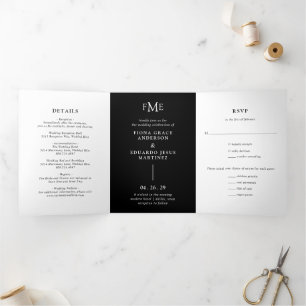 Fiona Black Bold Monogram Moderne Hochzeit Dreifach Gefaltete Einladung