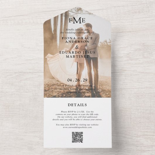 Fiona Foto Bold Monogram Modern Wedding All In One Einladung (Innen Boden)