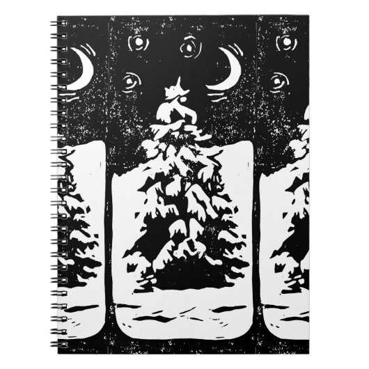 Fir Tree in Snowy Landscape Lino Print Notebook Notizblock (Vorderseite)