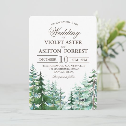 Fir Tree Rustic Wedding Einladung (Stehend Vorderseite)