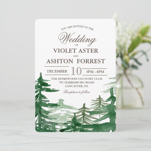 Fir Tree Rustic Wedding Einladung (Stehend Vorderseite)