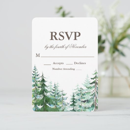 Fir Tree Rustic Wedding RSVP Karte (Stehend Vorderseite)