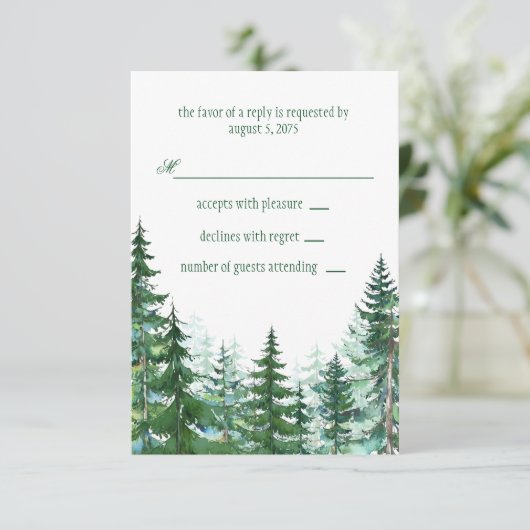 Fir Tree Wedding RSVP Karte (Stehend Vorderseite)