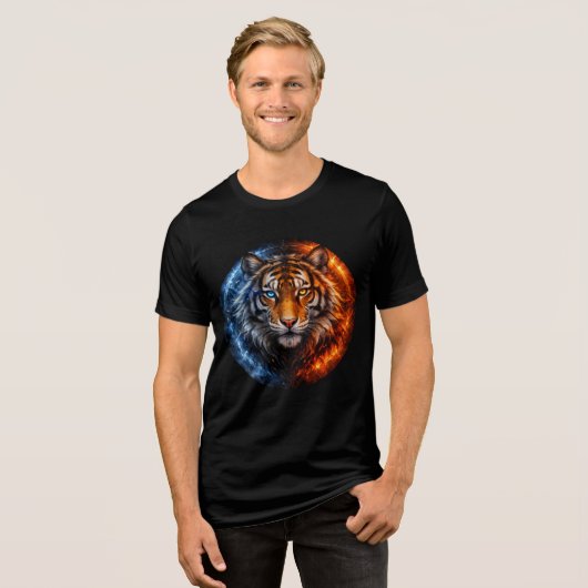 Fire and Ice Tiger – Elemental Fantasy Art Tri-Blend Shirt (Vorderseite voll)