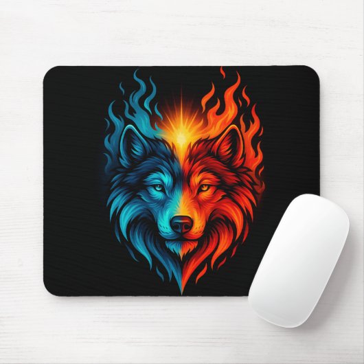Fire and Ice Wolf – Blue Red Elemental Animal Mousepad (Mit Mouse)