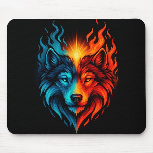 Fire and Ice Wolf – Blue Red Elemental Animal Mousepad (Vorne)