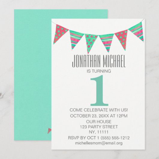 Fire Birthday Green Red Bunting Einladung (Vorne/Hinten)