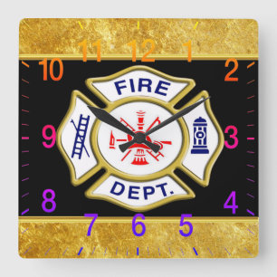 Fire Department logo Blue And White Badge gold Quadratische Wanduhr