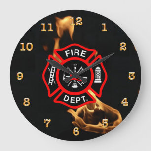 Fire Dept Flames Maltese Cross Firefighter Große Wanduhr