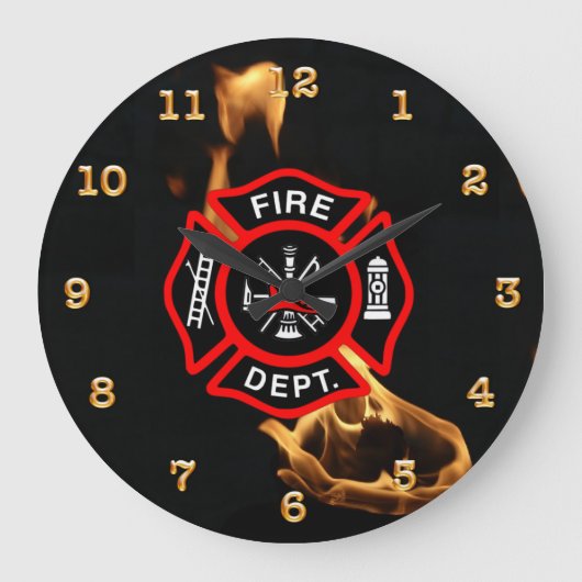 Fire Dept Flames Maltese Cross Firefighter Große Wanduhr (Vorderseite)
